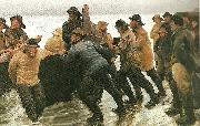 fiskere ifard med at satte en rorsbad i vandet, Michael Ancher